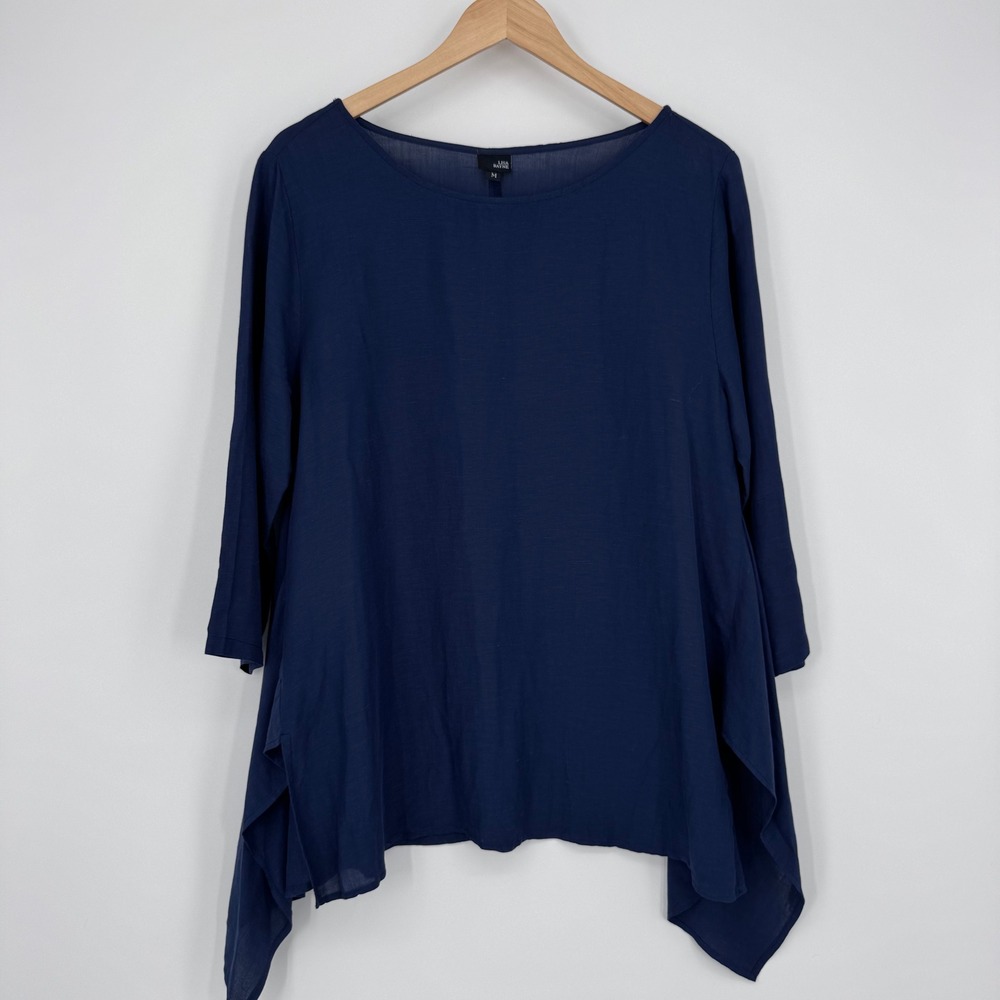 Lisa Bayne Tunic Womens Size M Navy Blue Rayon Linen Sharkbite Hem Lagenlook Top